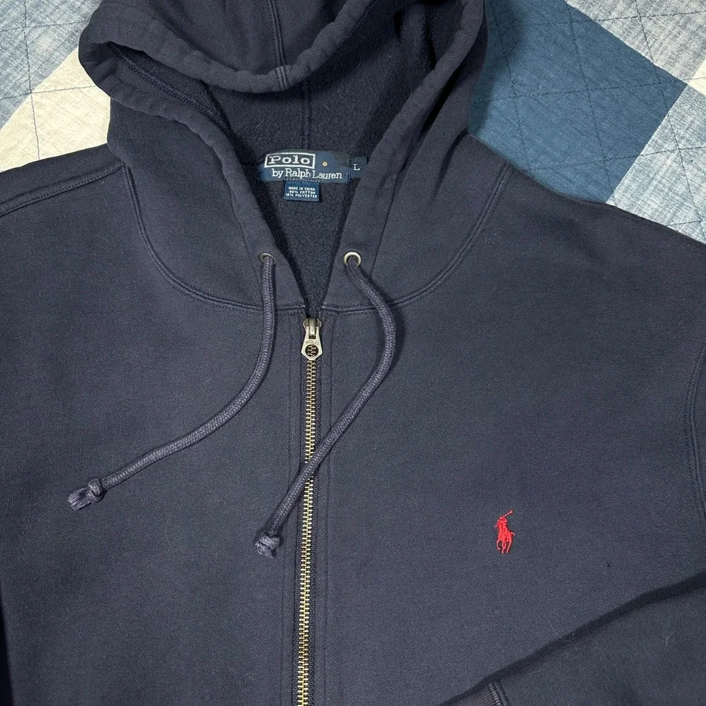 Polo Ralph Lauren Mens Full Zip Hoodie Navy Blue Red Pony Logo Size L Sweatshirt